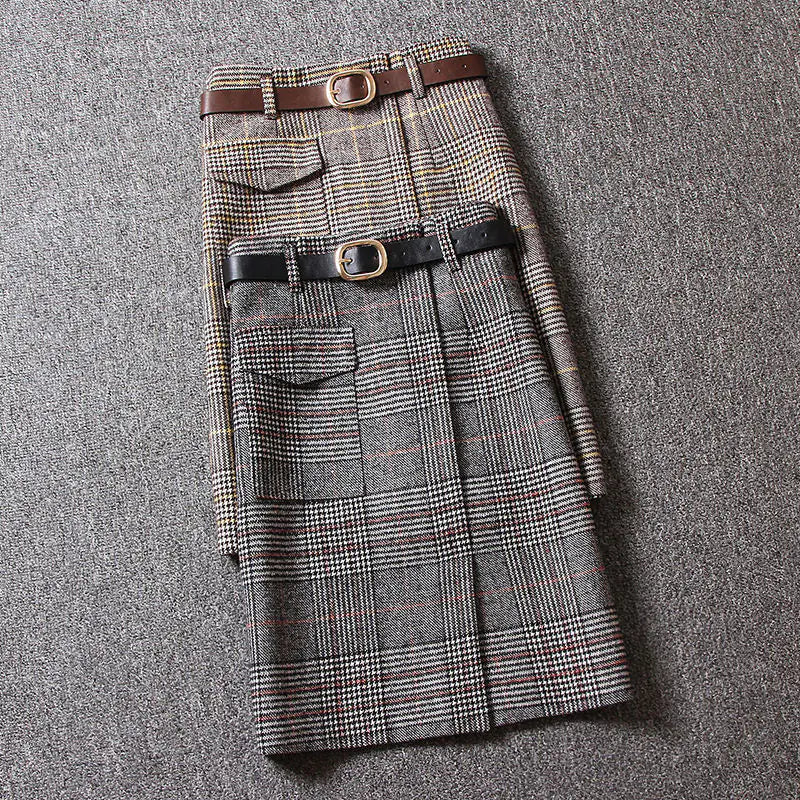 Woolen Plaid Women's High Waist Slit Midi Skirt