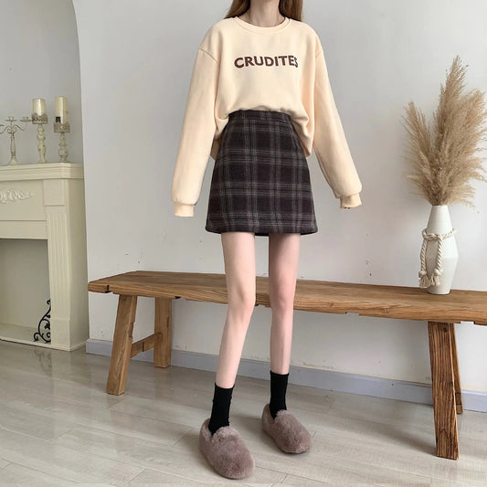 Retro High Waist Woolen Plaid Skirt for Women