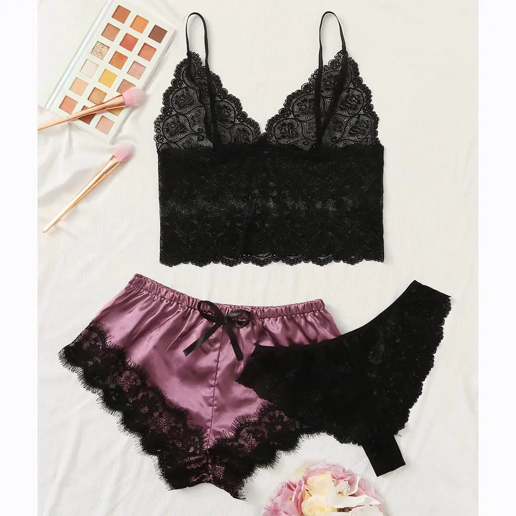 Women's 3-Piece Lace Pajama Set with Shorts and Top