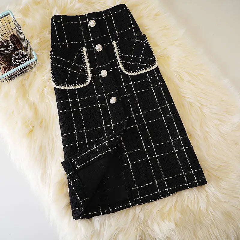 High Waist Slim Plaid Woolen Skirt