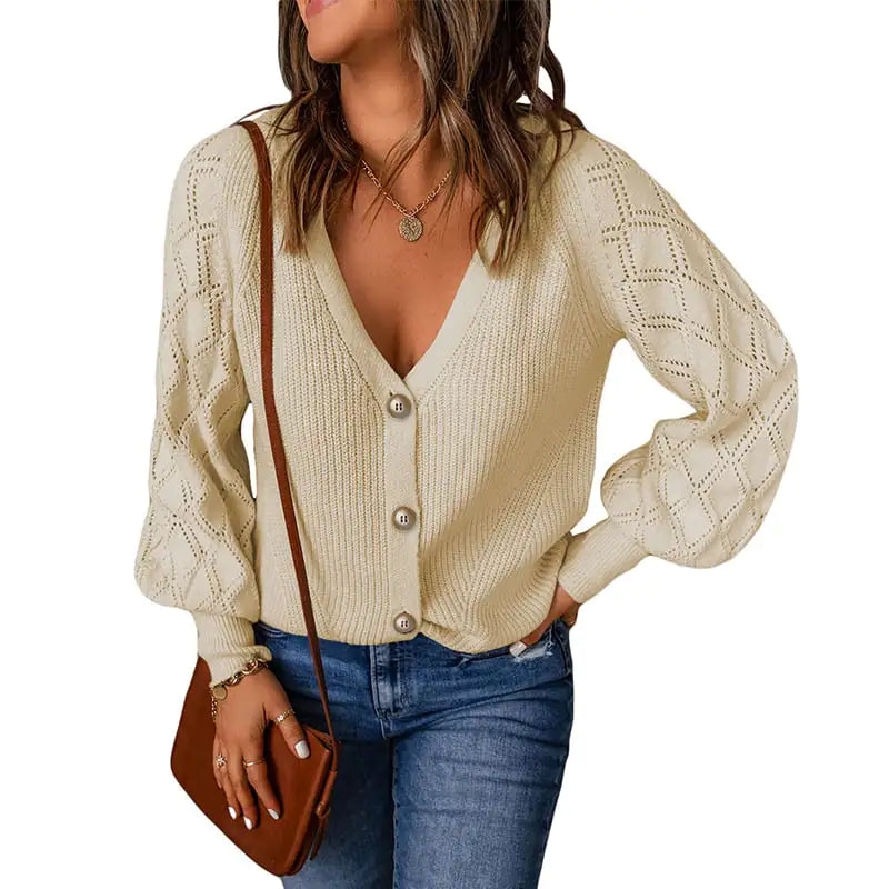 Women's Solid Color Puff Sleeve Knitted Sweater Coat