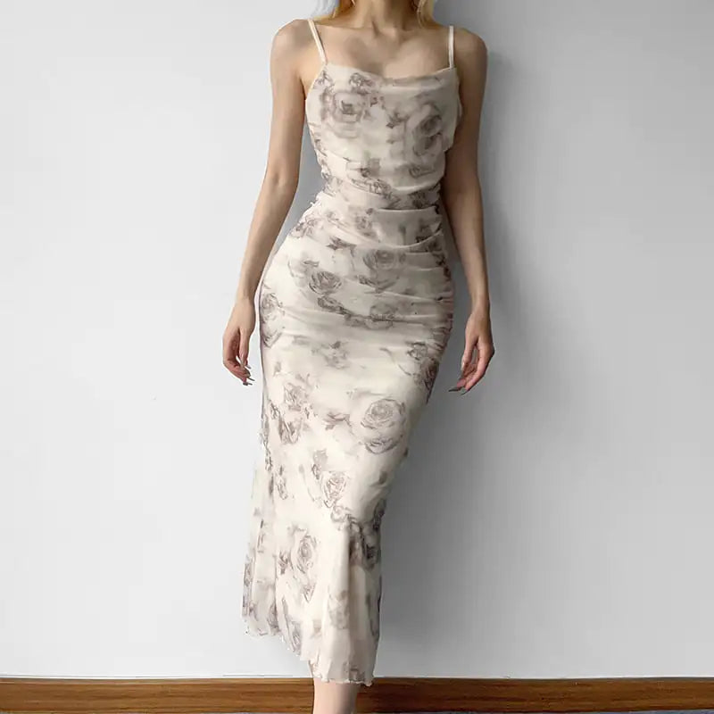 Retro Rose Print Mesh Camisole Dress with Waist Detail