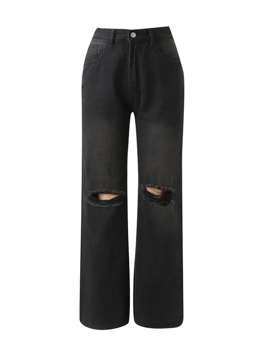 High Waist Ripped Straight Leg Women's Denim Jeans