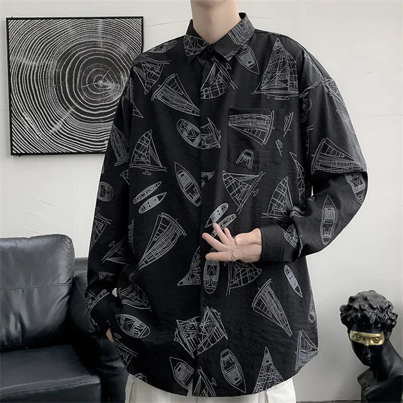 Men's Retro Floral Long Sleeve Shirt - Casual Loose Fit