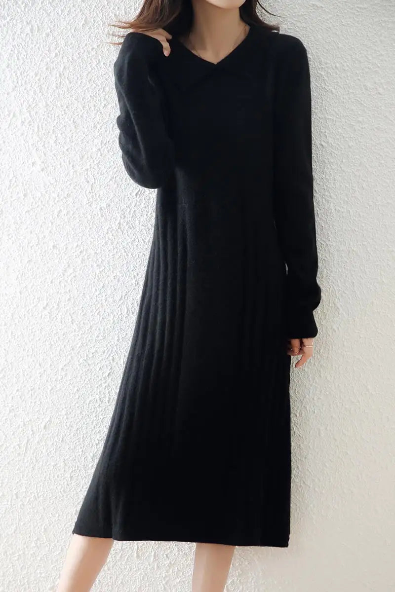 Women's Solid Color Wool Knitted Dress with Collar