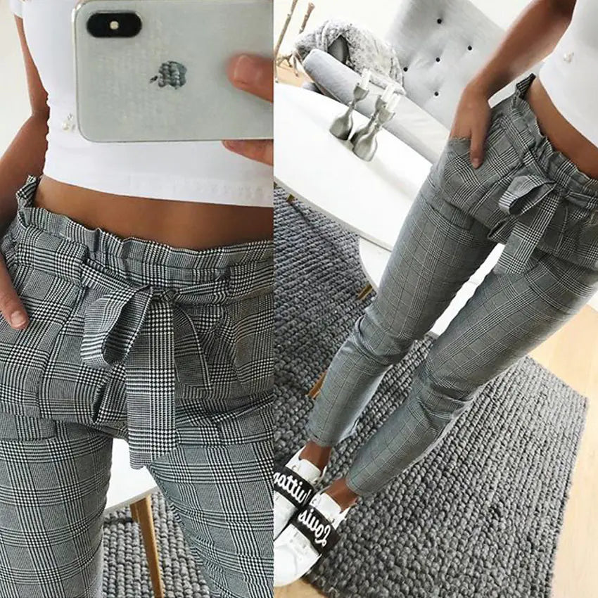 High-Waisted Casual Plaid Pants for Women