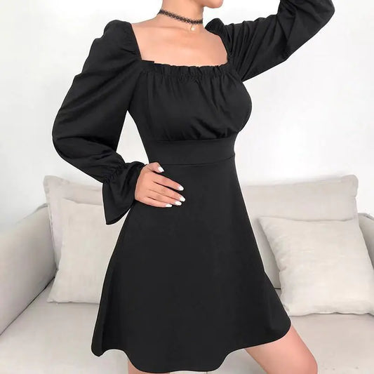 Solid Color Long Sleeve Dress with Off-Shoulder Design