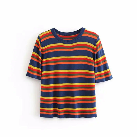 Colorful Striped Round Neck Short Sleeve Knit T-Shirt