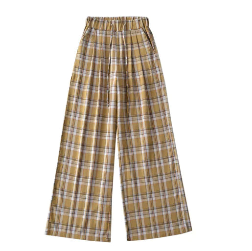 Summer Women's Plaid Wide-Leg Pants with Drawstring