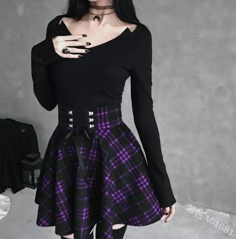 Women's Plaid Asymmetric Skirt with Ribbon Waist