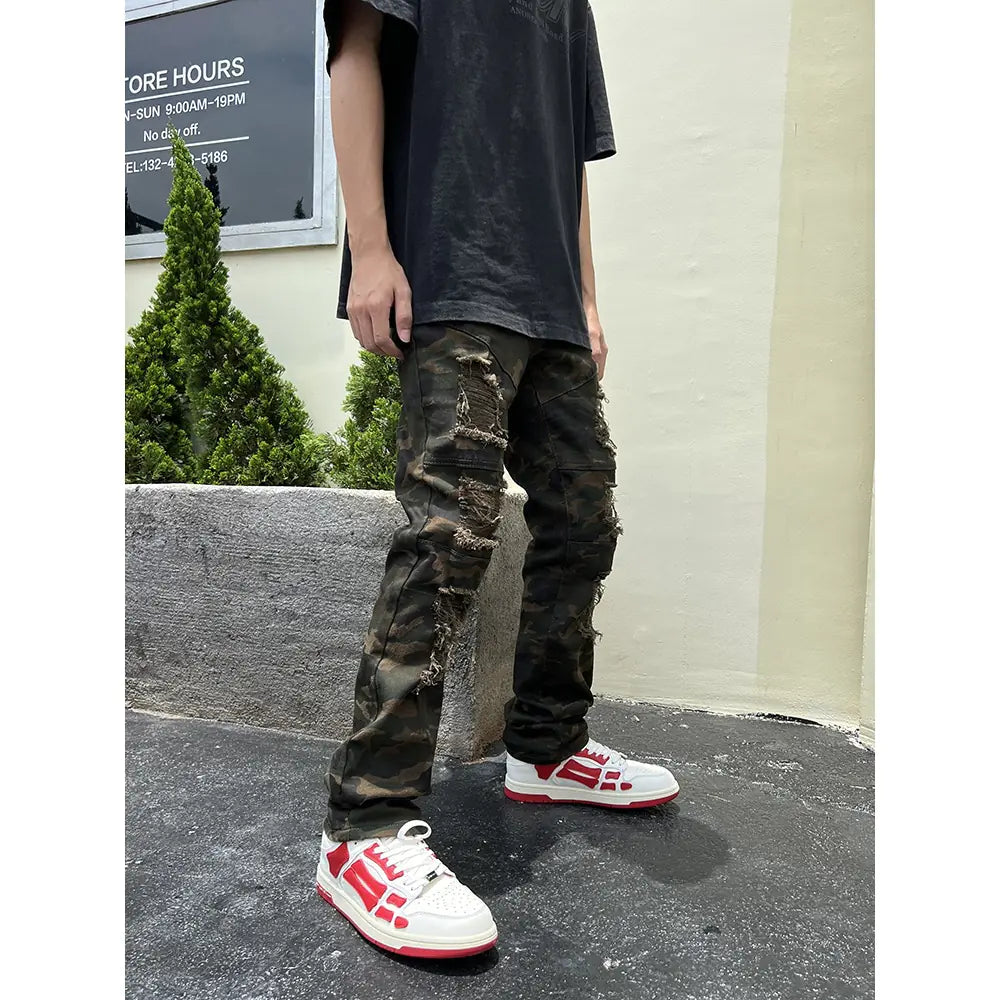 Coconut Style Military Patchwork Denim Cargo Pants