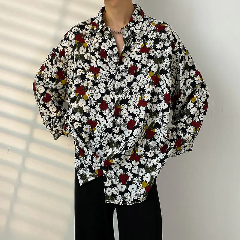 Men's Retro Floral Long Sleeve Shirt - Casual Loose Fit
