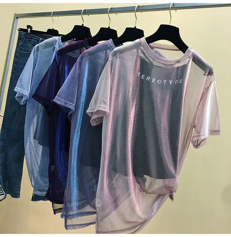 Mesh Ice Silk Short Sleeve Top with Camisole Set
