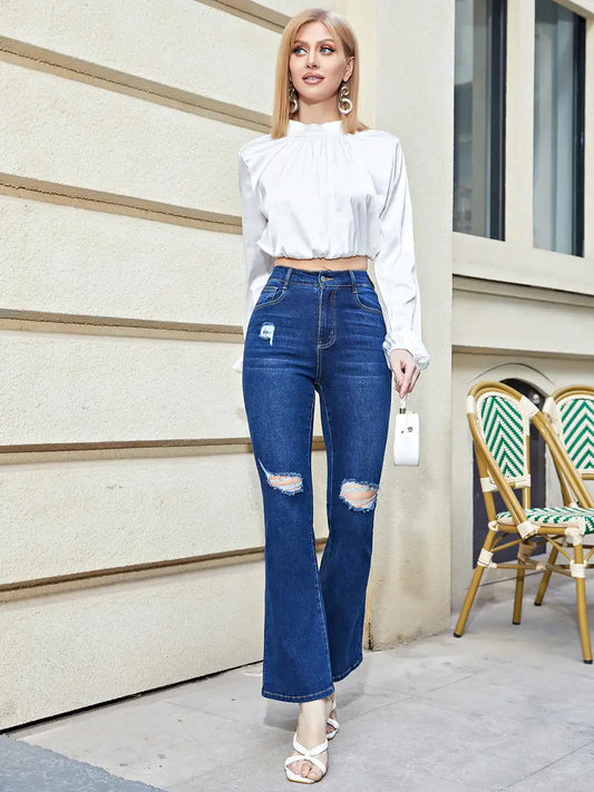 Women's Blue Ripped Flared High Waist Denim Jeans