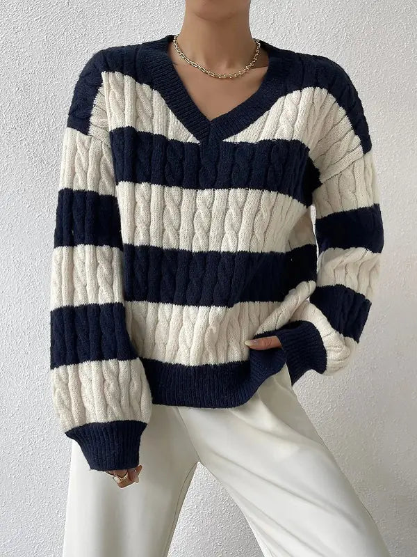 Color-Blocked Loose V-Neck Knitted Sweater for Women