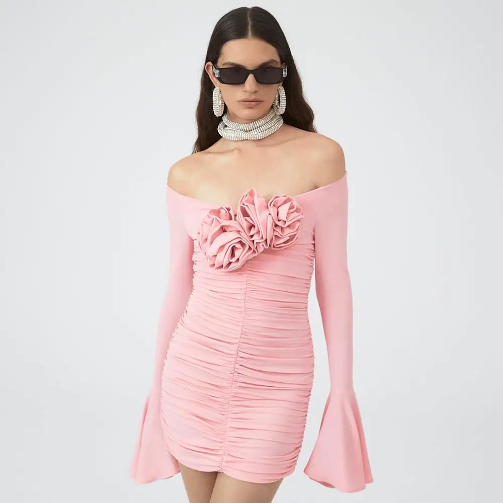 Bell Sleeve Floral Pleated Tube Top Dress Design