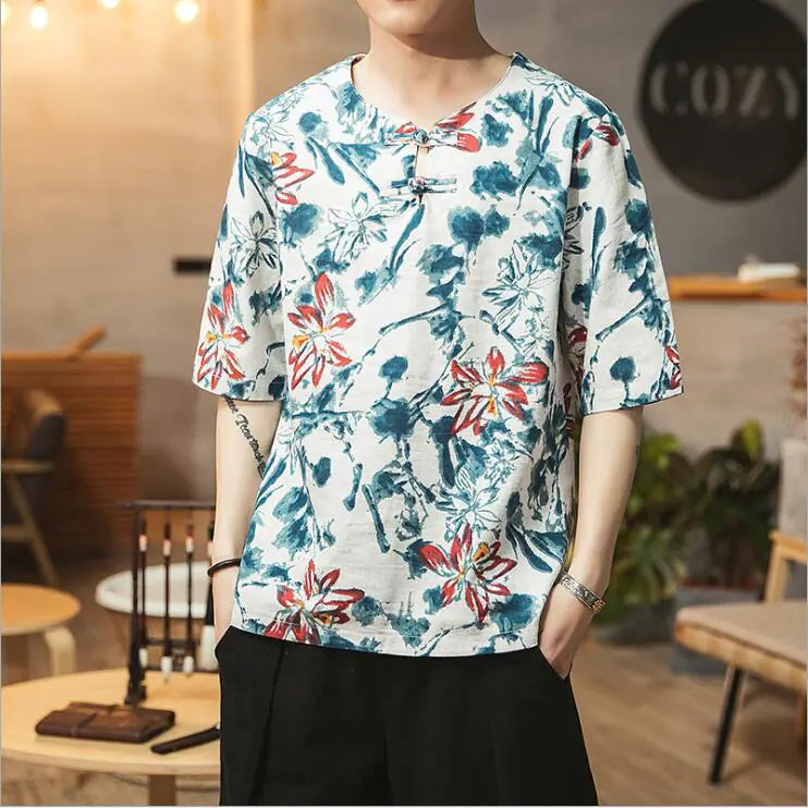 Plus Size Chinese Style Printed Short Sleeve T-Shirt