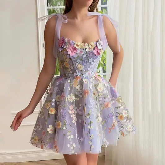 Three-Dimensional Flower Embroidered Sling Dress