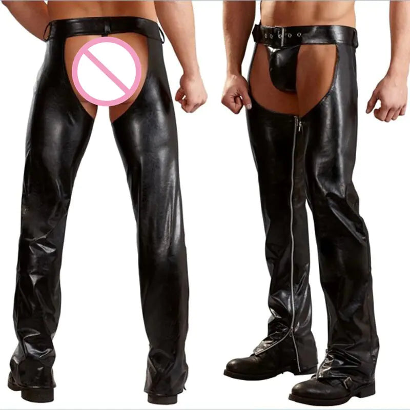 Men's PU Leather Open-Crotch Pants for Nightclub Performances
