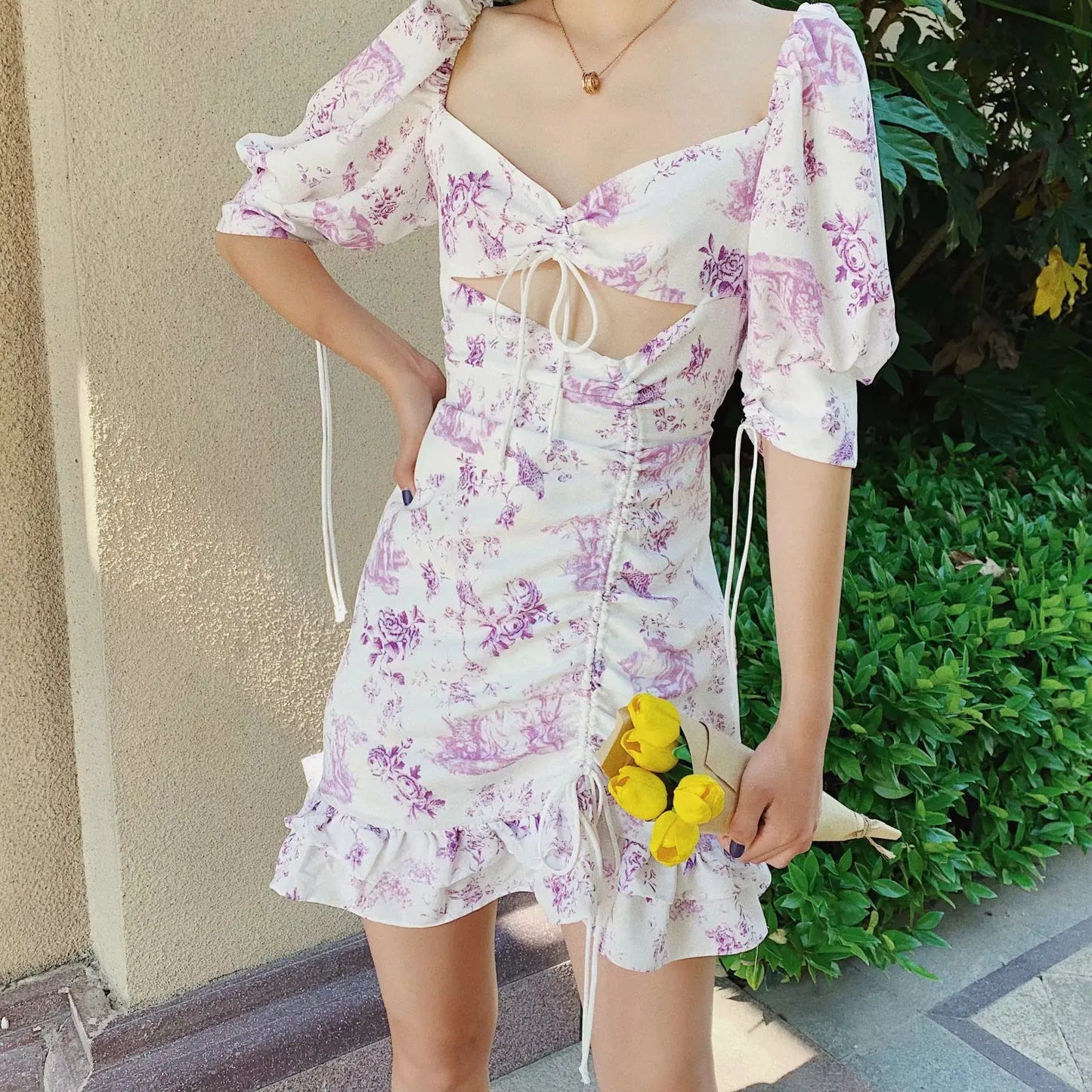 French Style Purple Floral Backless Dress for Women