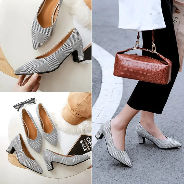 Elegant Checkered Pointed-Toe Mid-Heel Women's Shoes