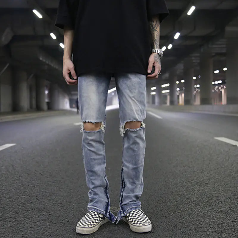 High Street Style Slim Fit Button Design Ripped Jeans