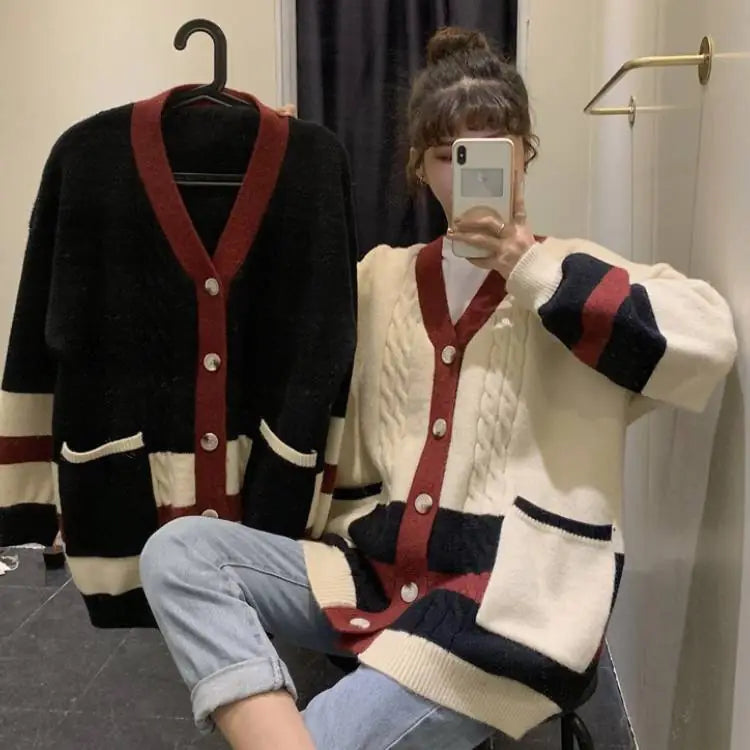 New Style Loose Stitching Knitted Cardigan Jacket for Women