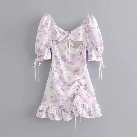 French Style Purple Floral Backless Dress for Women