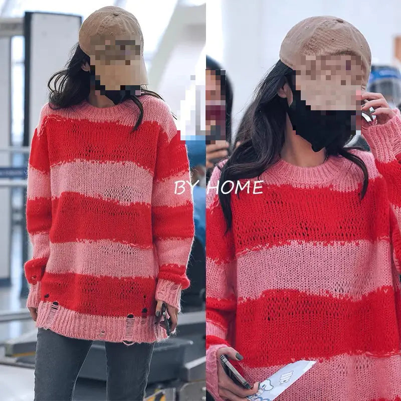 Women's Mohair Striped Ripped Thin Crew Neck Sweater