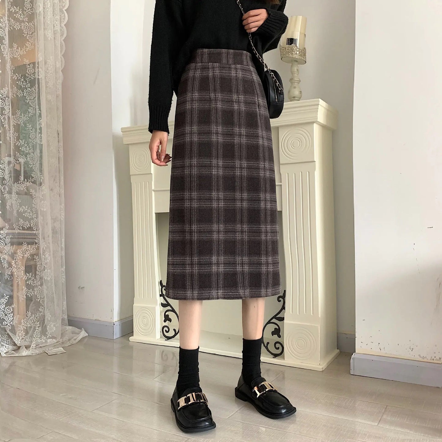 Retro High Waist Woolen Plaid Skirt for Women