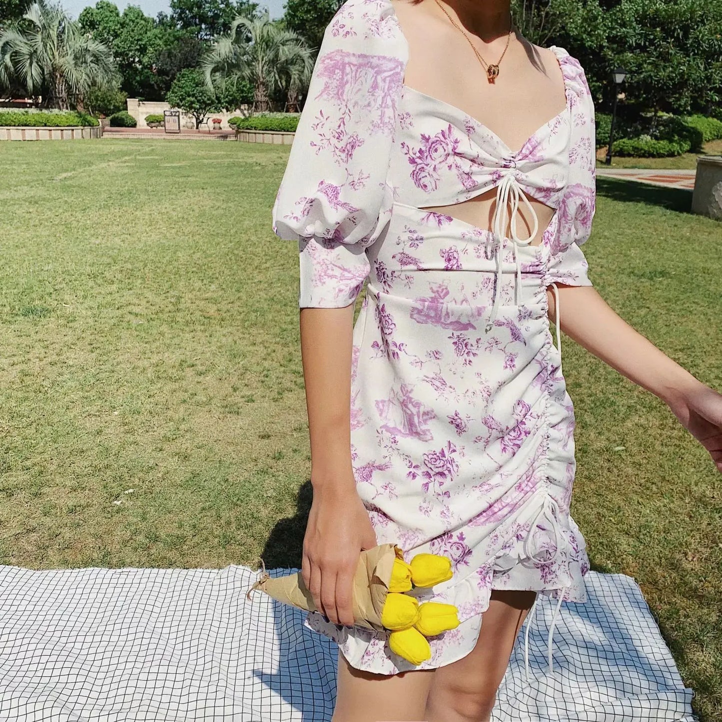 French Style Purple Floral Backless Dress for Women