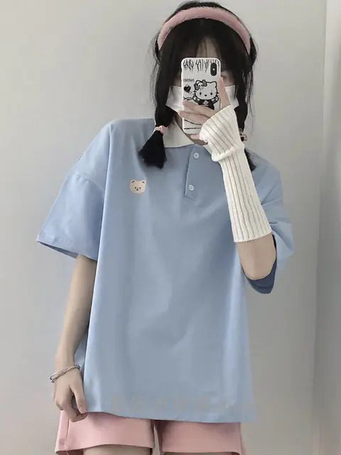 Casual Loose Short Sleeve Cartoon Bear Print Shirt