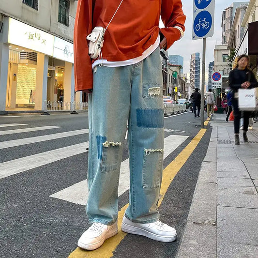 Loose Straight Leg Ripped Jeans for Men