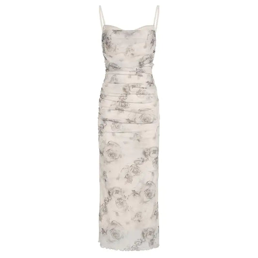 Retro Rose Print Mesh Camisole Dress with Waist Detail