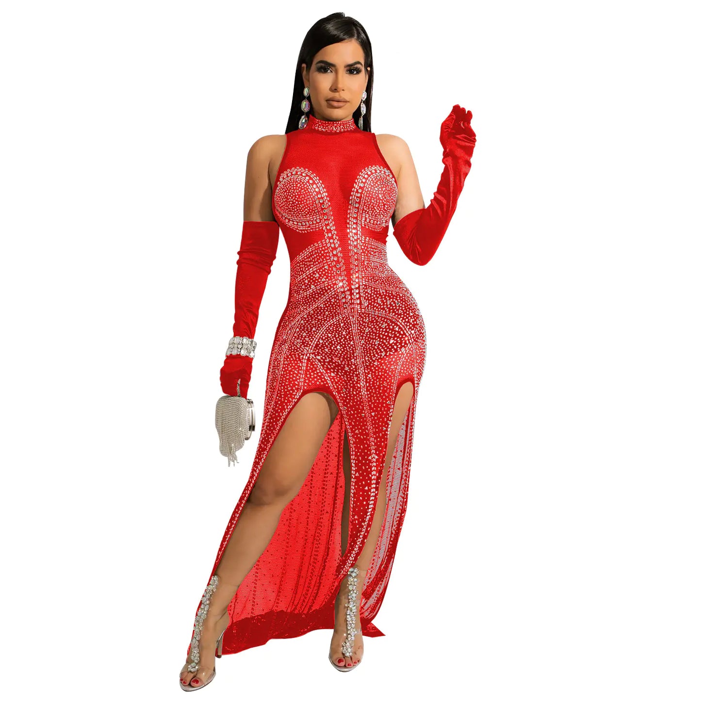 Women's See-through Mesh Hot Drilling Dress