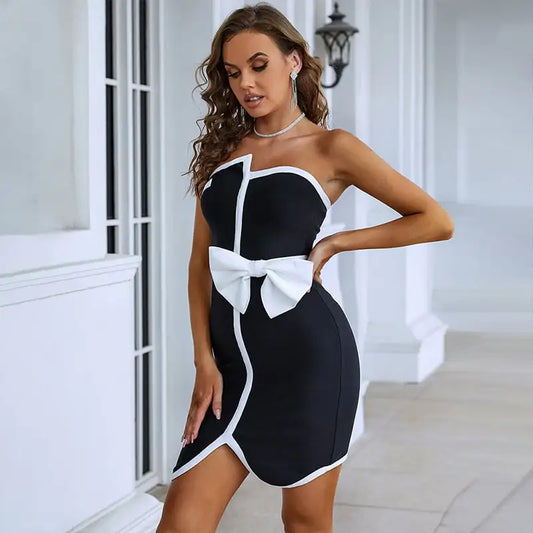 Contrast Strapless Mini Dress with Bow Detail