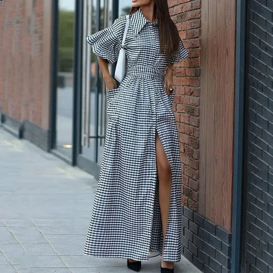 Chic Plaid Print Lantern Sleeve Maxi Dress for Women
