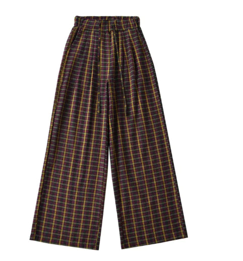 Summer Women's Plaid Wide-Leg Pants with Drawstring