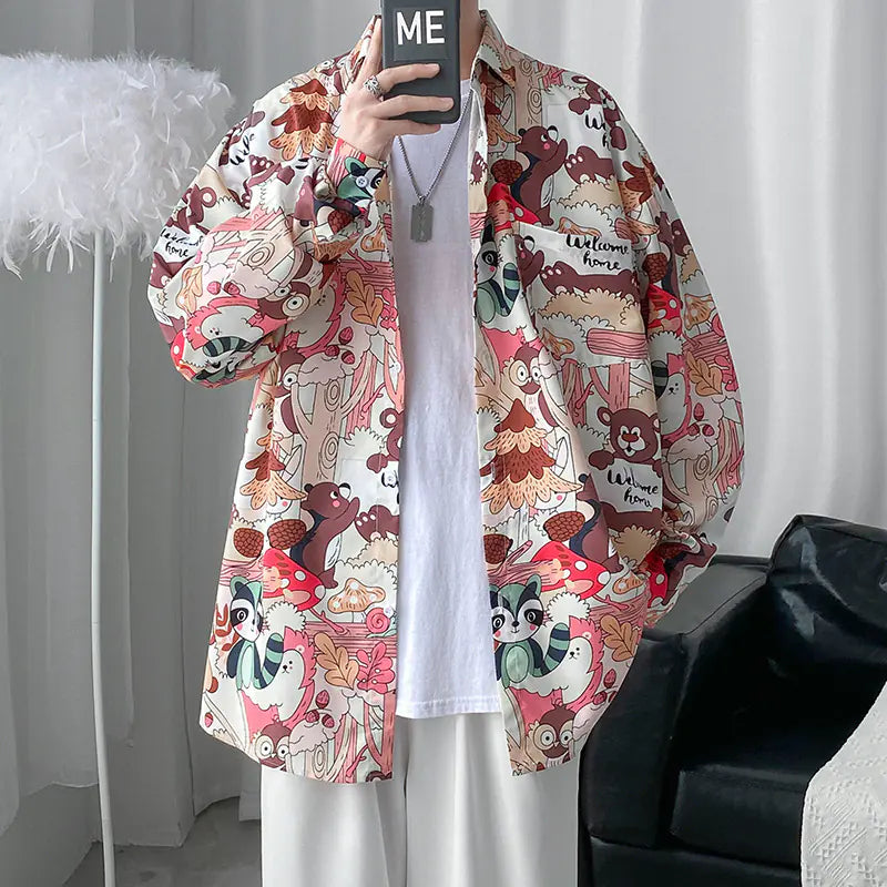 Men's Retro Floral Long Sleeve Shirt - Casual Loose Fit