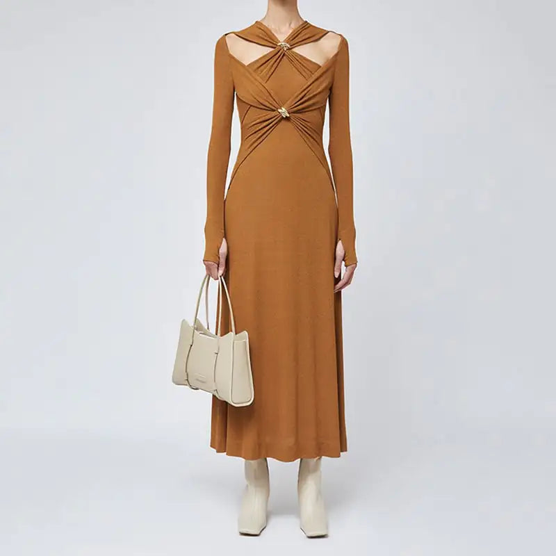Off-the-Shoulder Knitted Slimming Dress with Buckle
