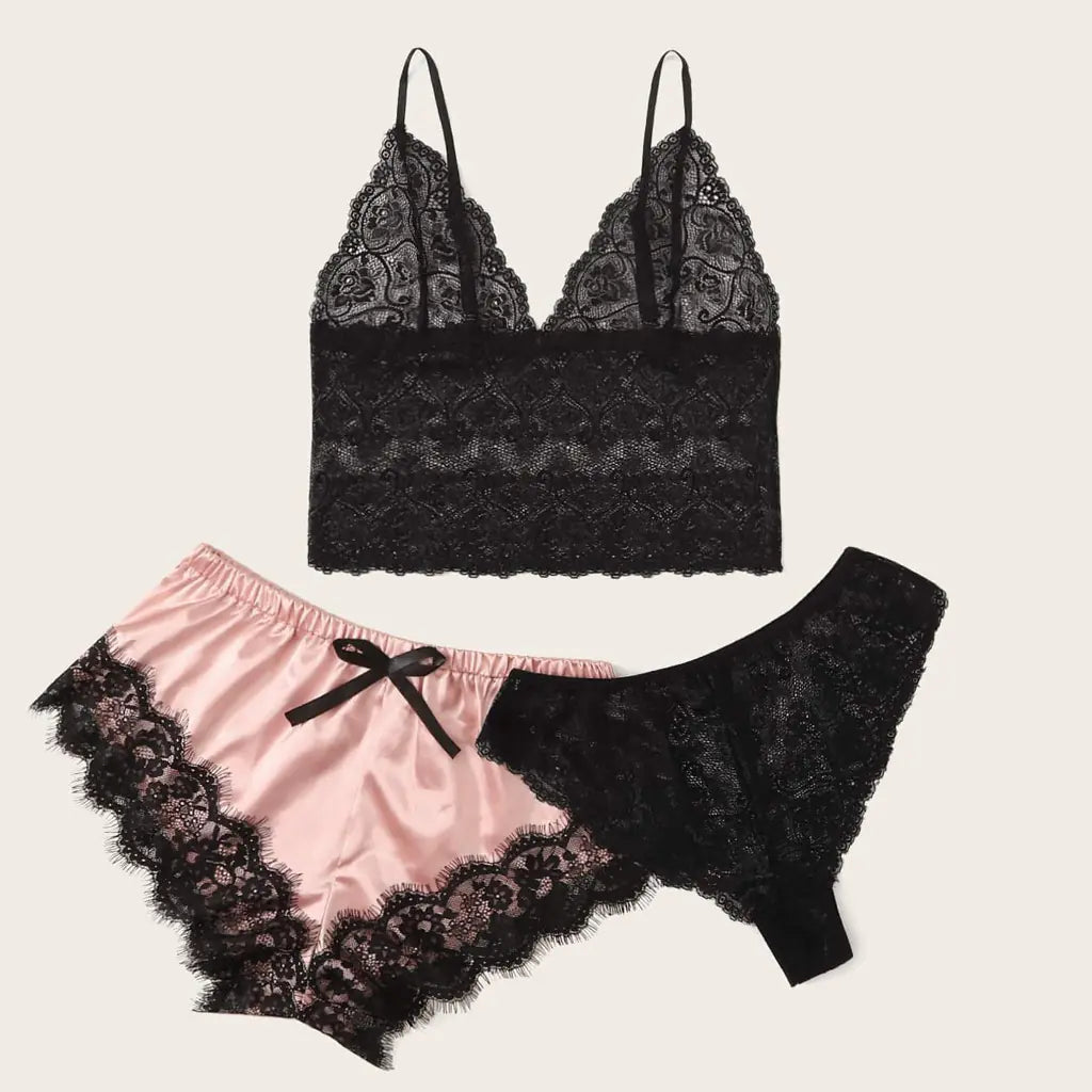 Women's 3-Piece Lace Pajama Set with Shorts and Top