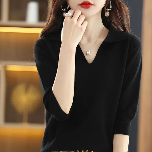 Women's V-Neck Solid Color Loose Sweater