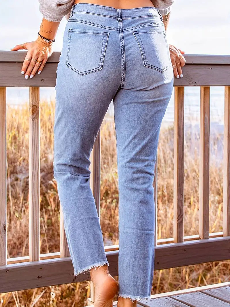 Blue Raw Hem Distressed Straight Jeans for Women