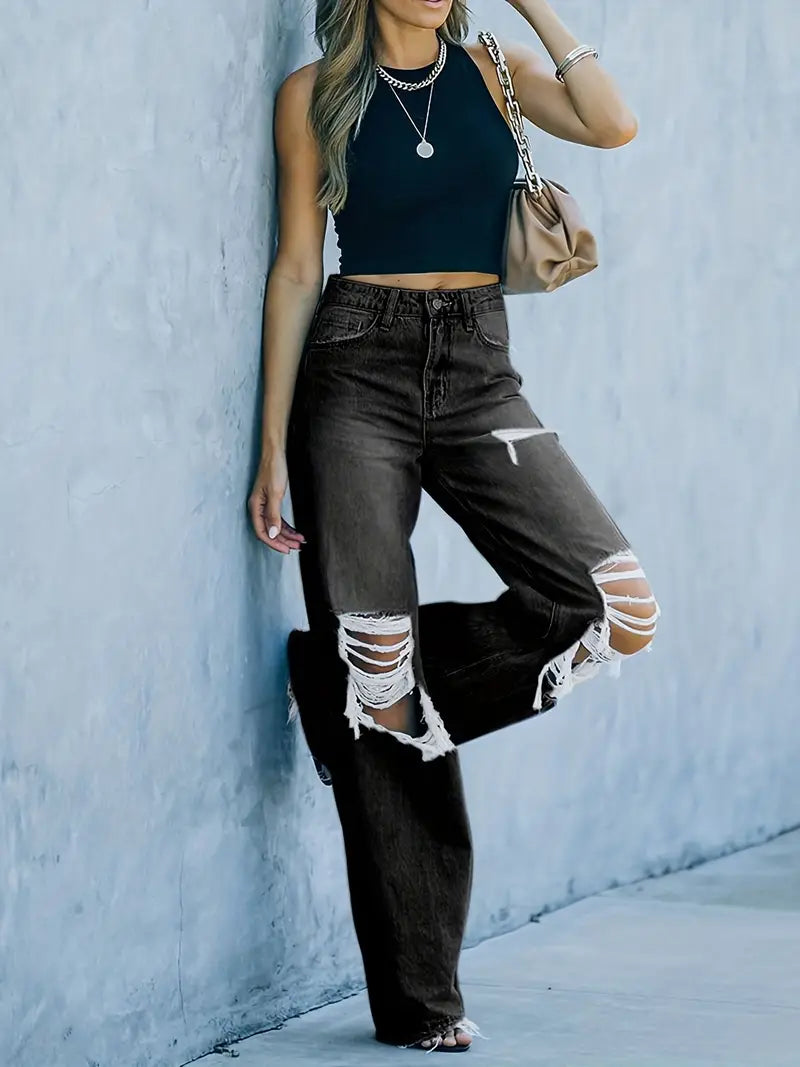 High Waist Ripped Trousers - Loose Straight Leg Denim