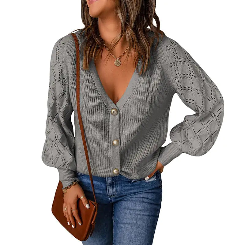 Women's Solid Color Puff Sleeve Knitted Sweater Coat