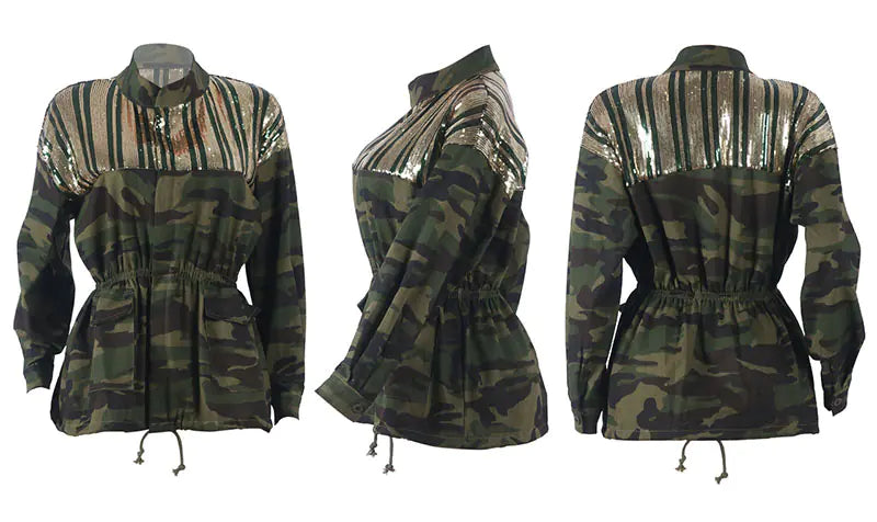 Camouflage Denim Jacket with Sequins and Versatile Style
