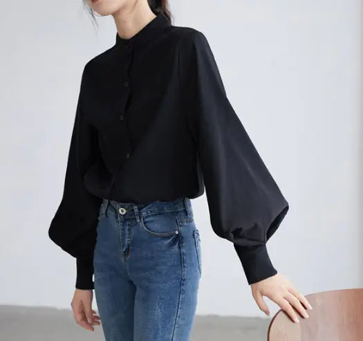 Retro Lantern Sleeve Casual Shirt with Stand Collar