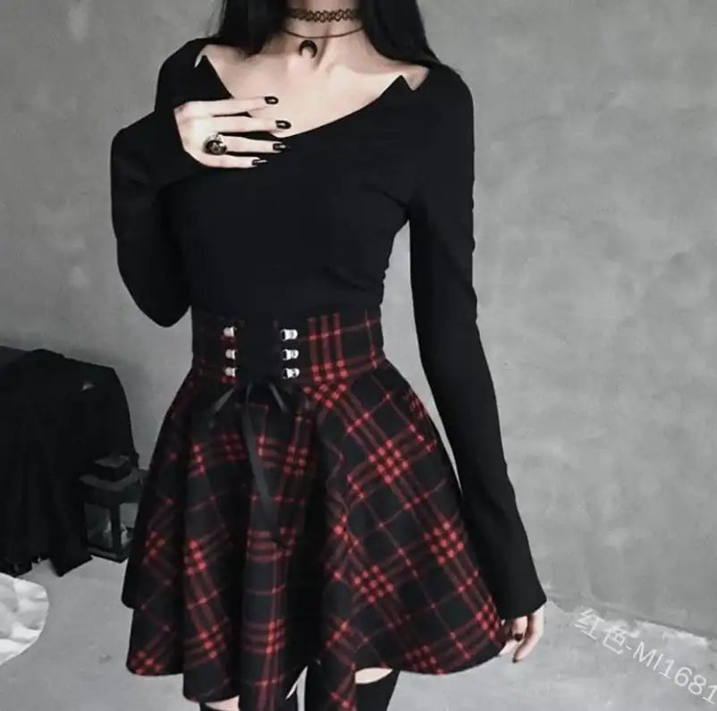 Women's Plaid Asymmetric Skirt with Ribbon Waist