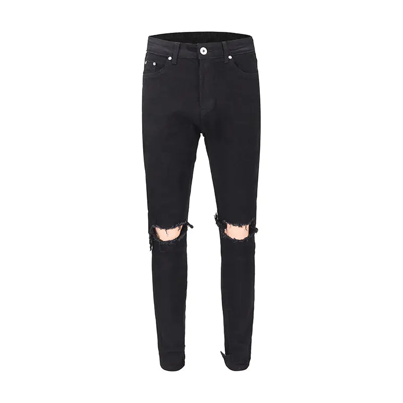 High Street Style Slim Fit Button Design Ripped Jeans