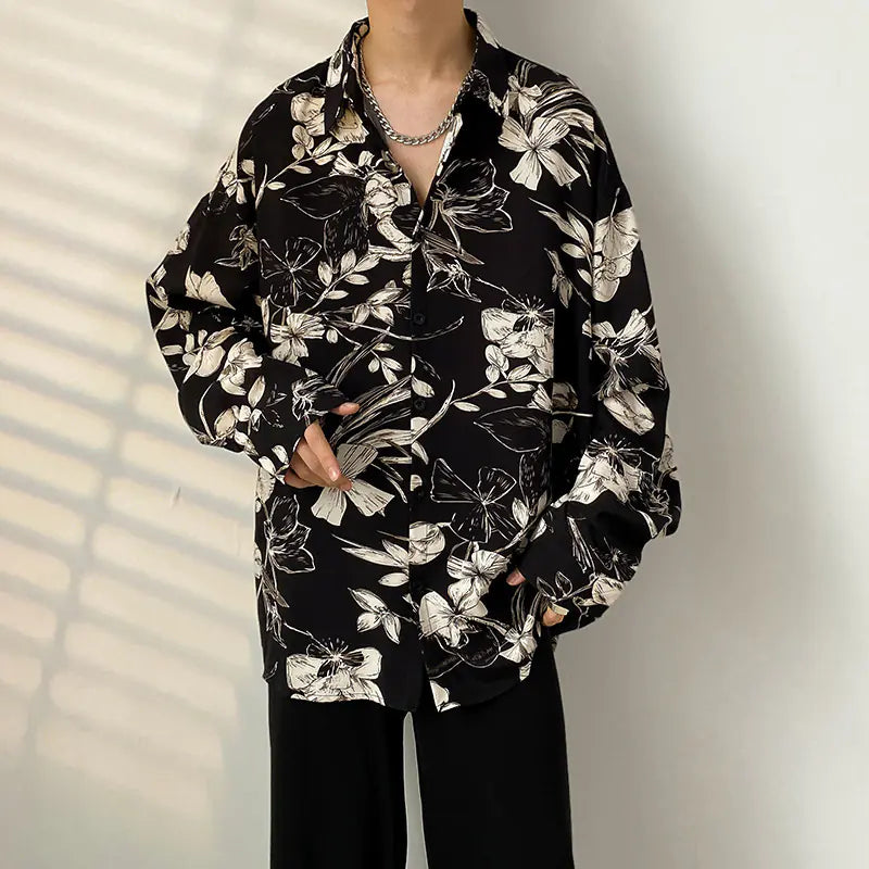 Men's Retro Floral Long Sleeve Shirt - Casual Loose Fit